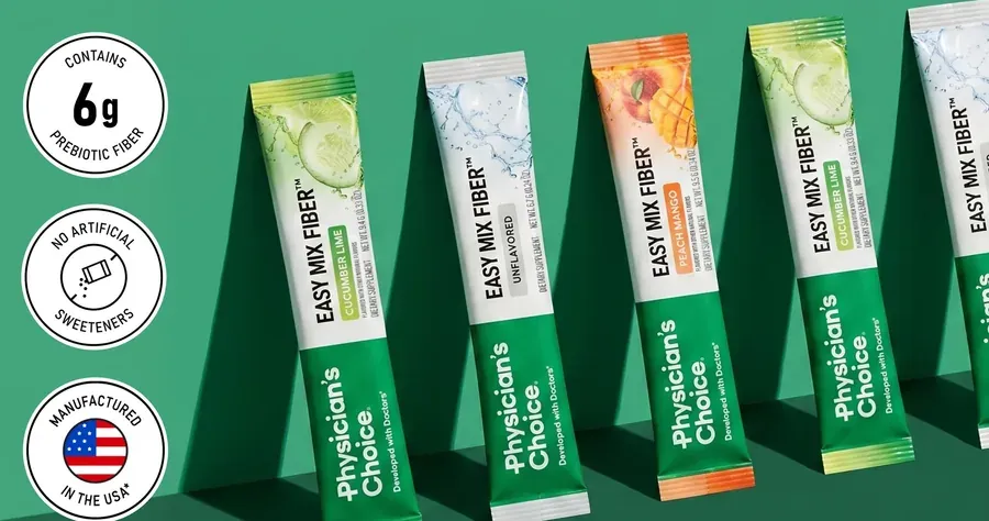Easy Mix Fiber stick packs in cucumber lime, unflavored, and peach mango